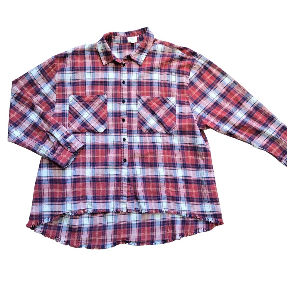 Dizzy Lizzy Red Plaid Flannel Button Down Shirt Frayed Hem Womens XL Oversized